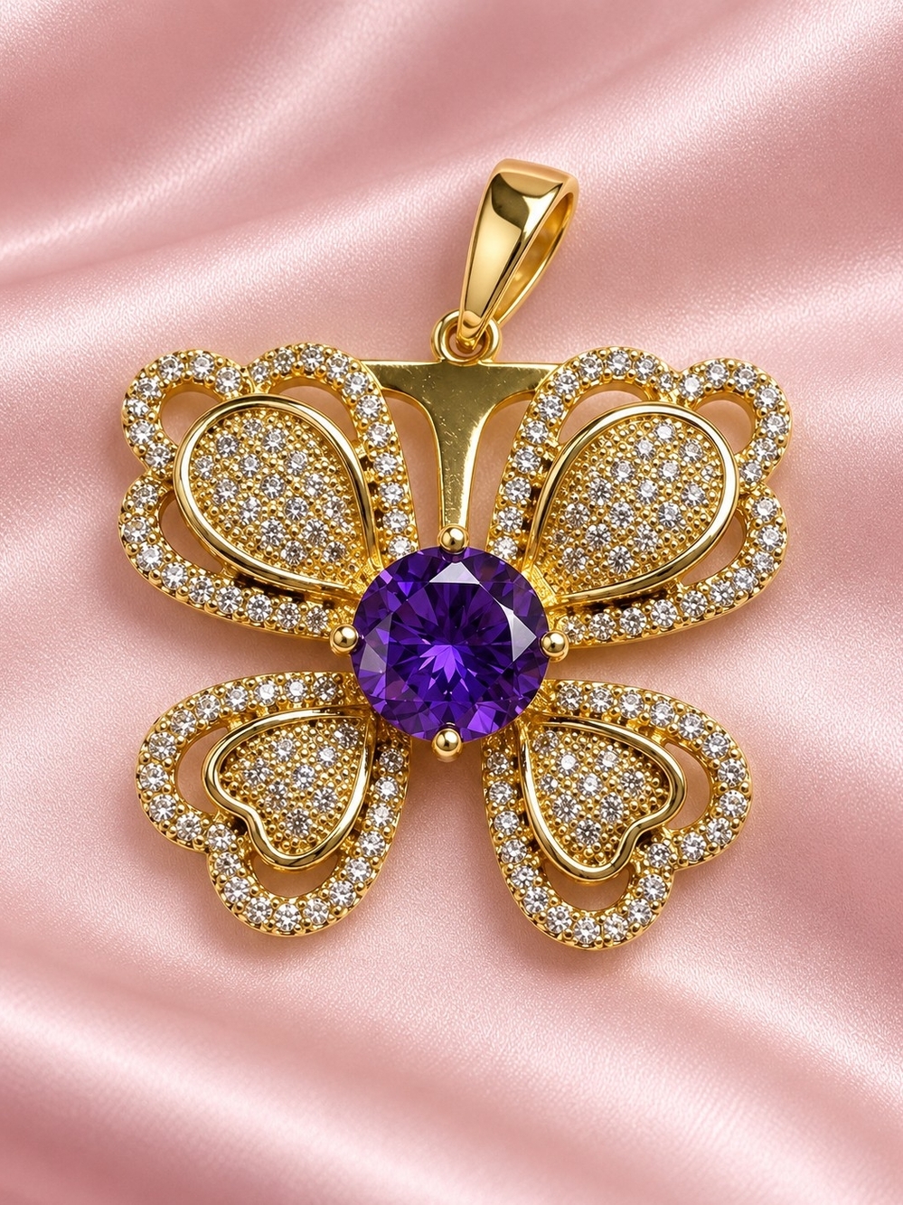 14k. Laminated Gold Clover Pendant with Purple Gem